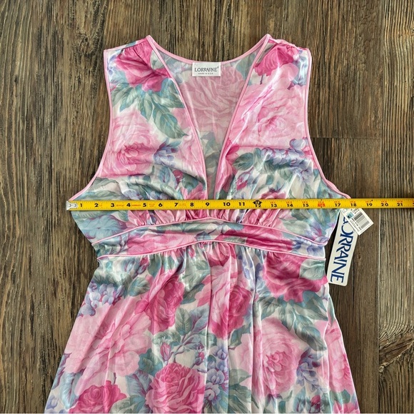 Vtg Lorraine Empire Waist Plunge Neck Maxi Nightgown Slip Dress Sz M Pink Floral - Picture 4 of 13